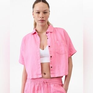 Athleta Retreat Linen Short Sleeve shirt size S bubblegum pink